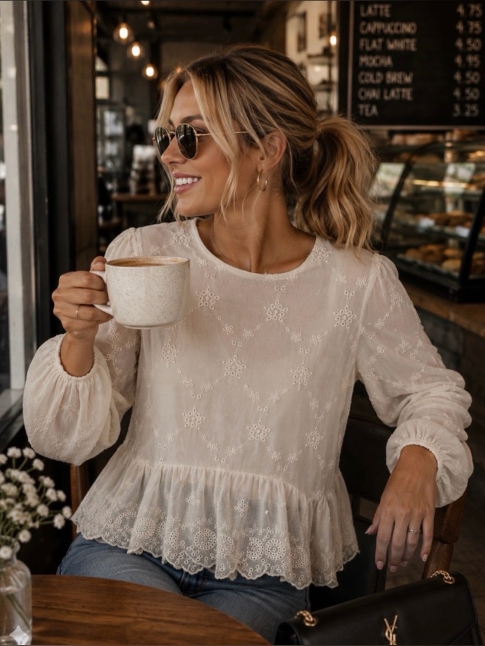 Zara Cream Embroidered Long-Sleeve Peplum Top